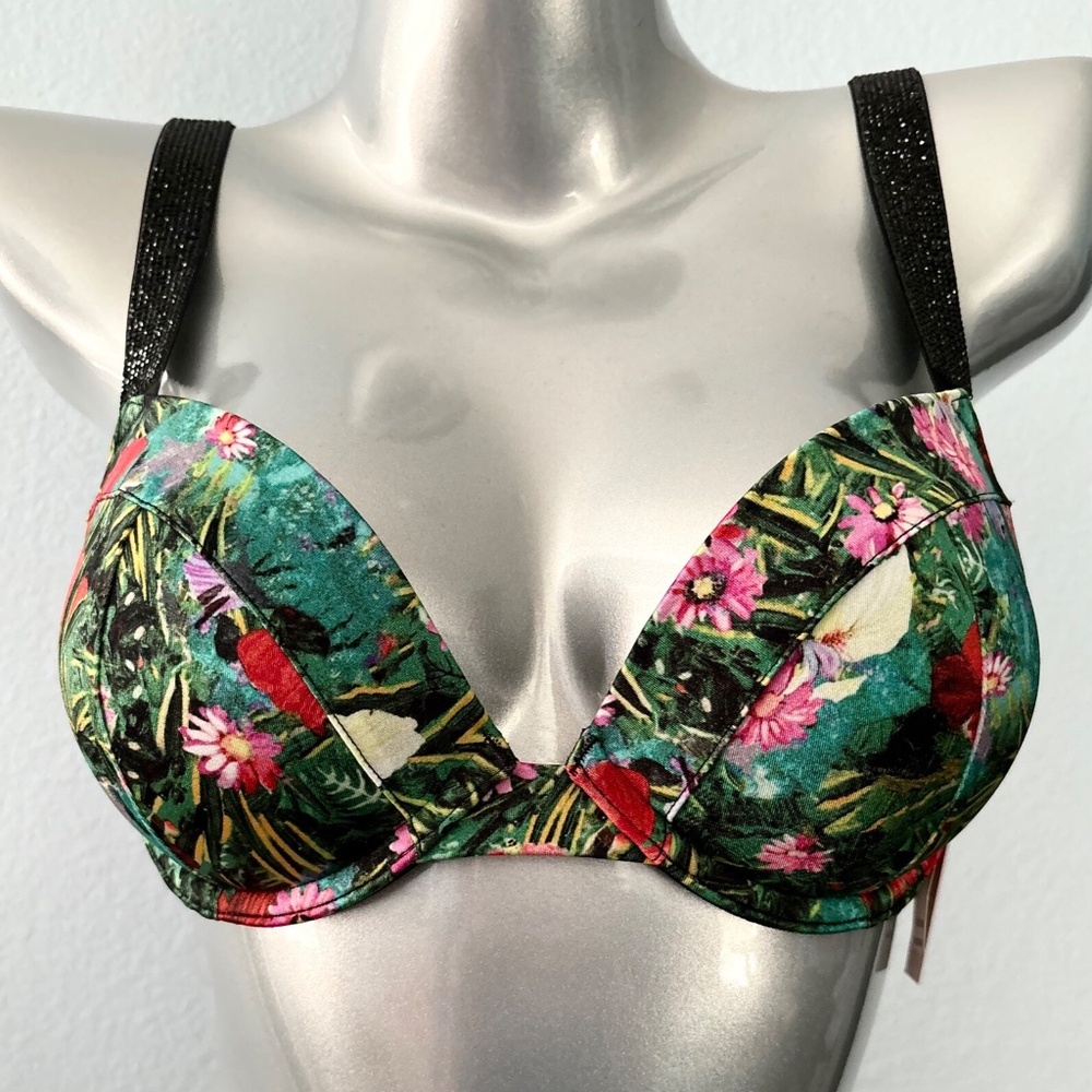 Victoria's Secret Green Floral Push-Up Bikini Top with Black Straps